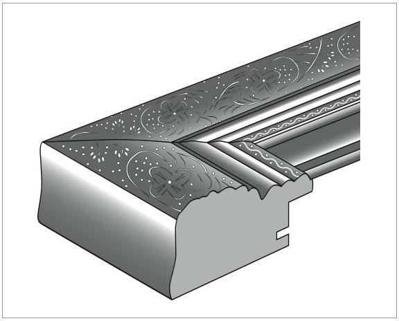 Un profilé rectangulaire structuré avec des motifs floraux, utilisé pour des lambris décoratifs ou des encadrements.