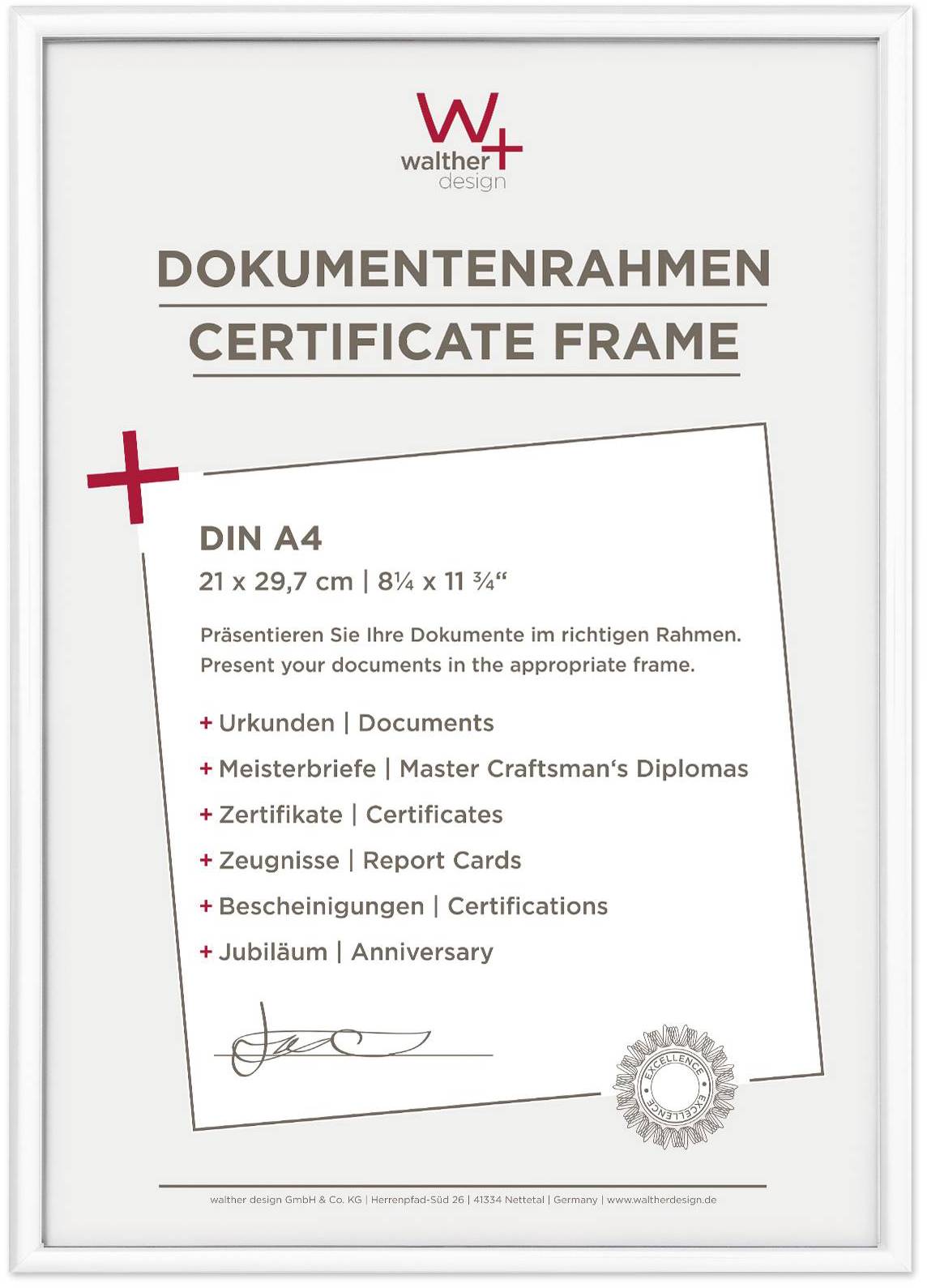 Cadre en verre pour documents au format A4. Texte : 'Présentez vos documents dans le bon cadre.'