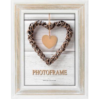 Un cadre photo en forme de cœur tressé en bois, avec un petit cœur en bois suspendu au milieu. Texte en dessous : 'PHOTOFRAME'.