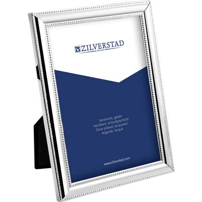 Cadre photo argenté avec le logo de l'entreprise 'Zilverstad'. Le texte au centre décrit la surface du cadre comme étant argentée et vernie.
