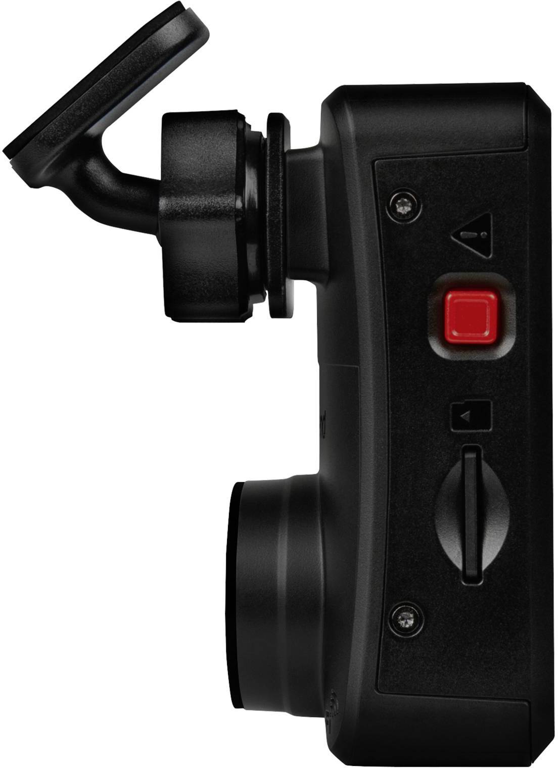 Vue latérale d'une caméra avec bouton d'enregistrement rouge, boîtier noir et bras de support réglable.