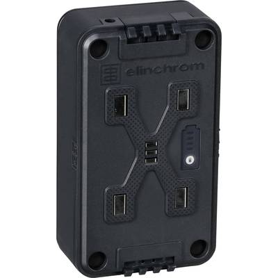 Batterie noire rectangulaire de marque Elinchrom avec quatre connexions et témoin lumineux, destinée à l'alimentation électrique des appareils photographiques.