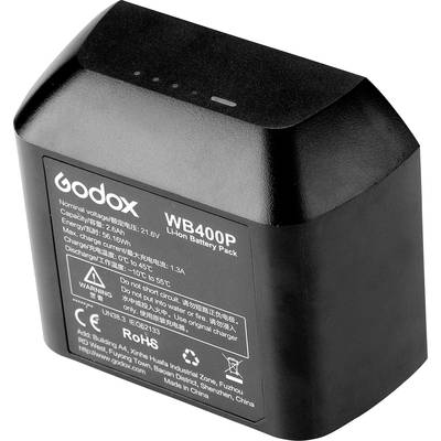 Une batterie lithium-ion noire (modèle WB400P) de Godox. Les caractéristiques techniques et les avertissements sont imprimés en blanc sur la face avant.