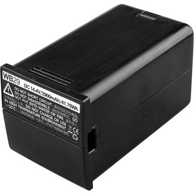 Une batterie noire avec l'inscription : « WB29, CC 14,4 V/2900 mAh/41,76 Wh ». Avertissements pour éviter les courts-circuits et la surchauffe.