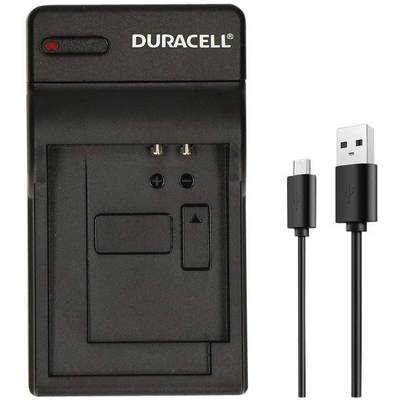 Chargeur noir portant un nom de marque et doté d'un voyant rouge, accompagné d'un câble USB avec connecteur Micro-USB, adapté aux batteries.