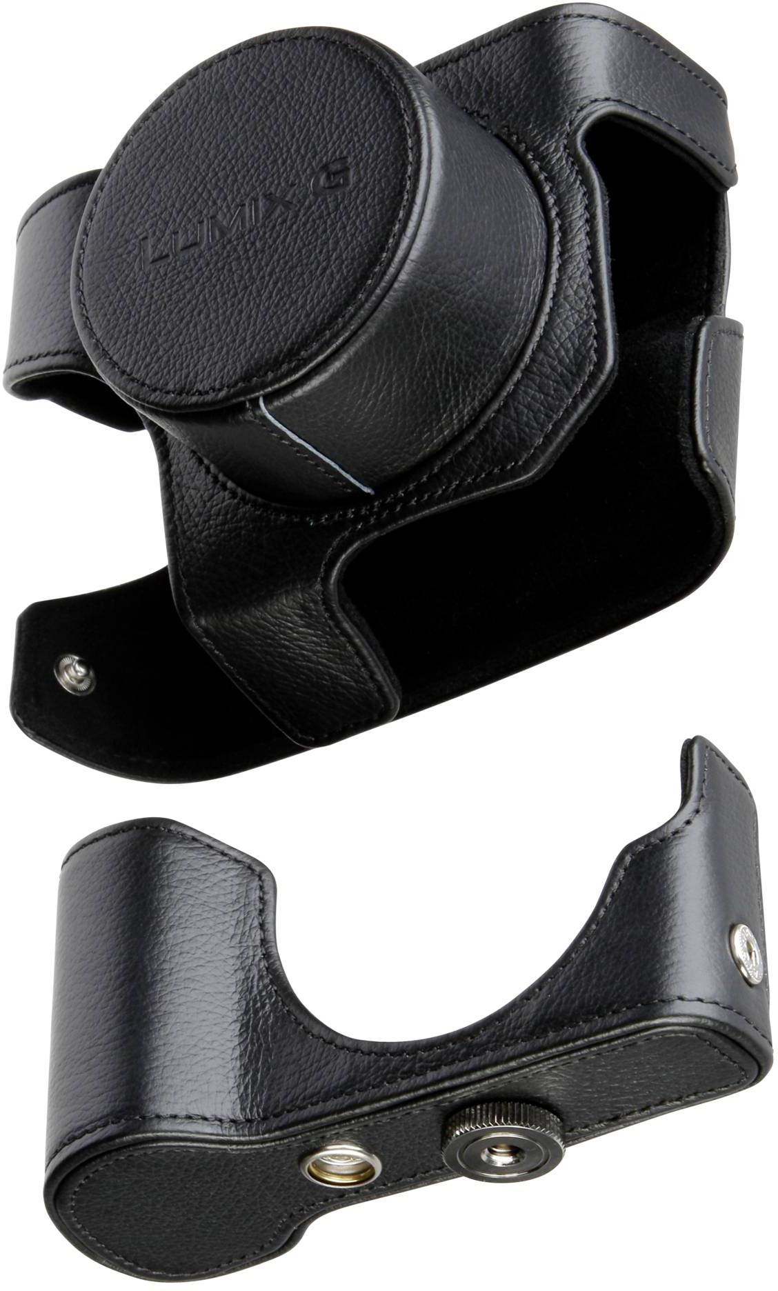 Sacoche pour appareil photo en cuir noir, à deux parties avec couvercle amovible, adaptée à un appareil photo compact de la marque Lumix.