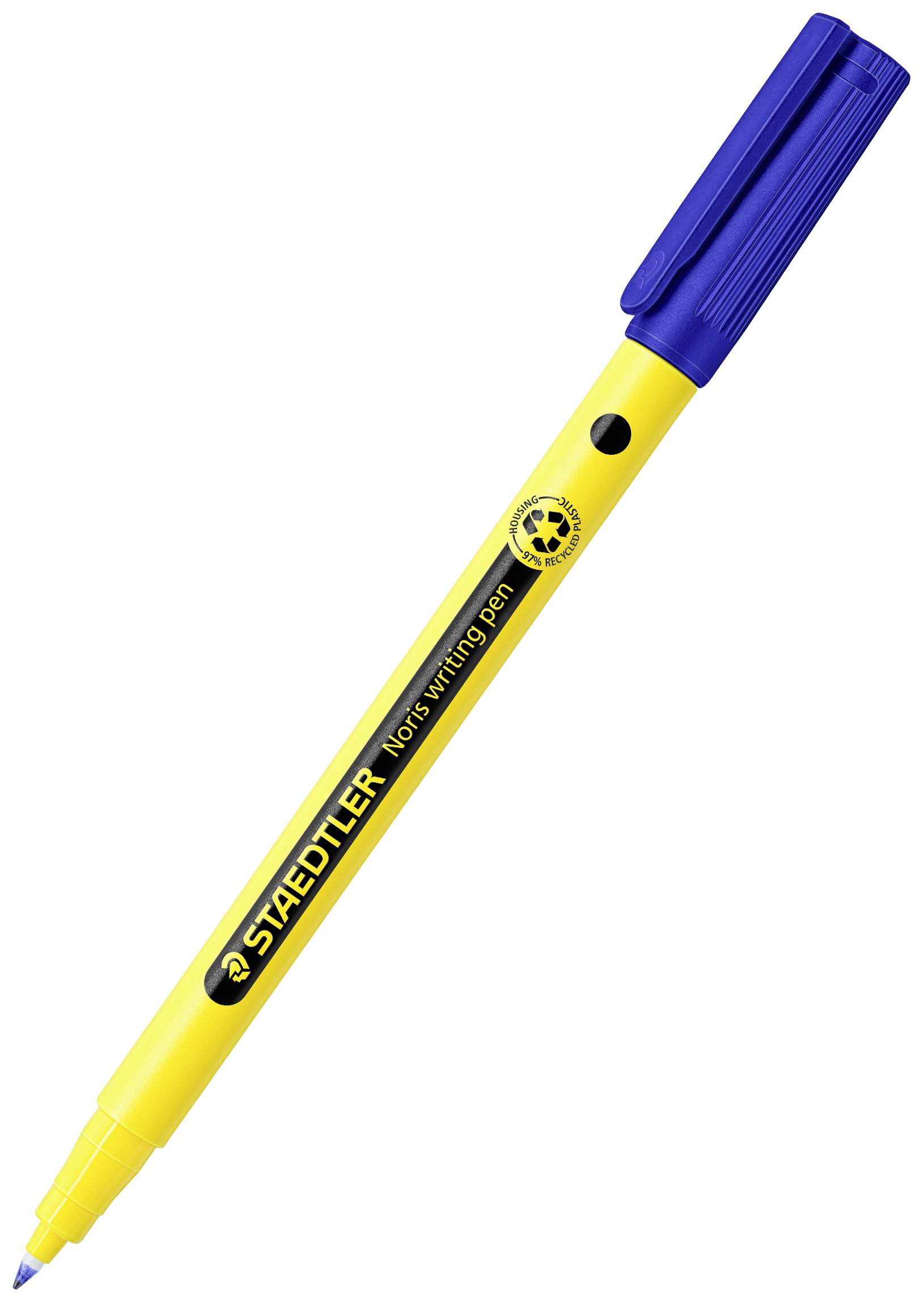 Stylo jaune avec capuchon et pointe bleus, portant l'inscription « STAEDTLER Noris writing pen ».