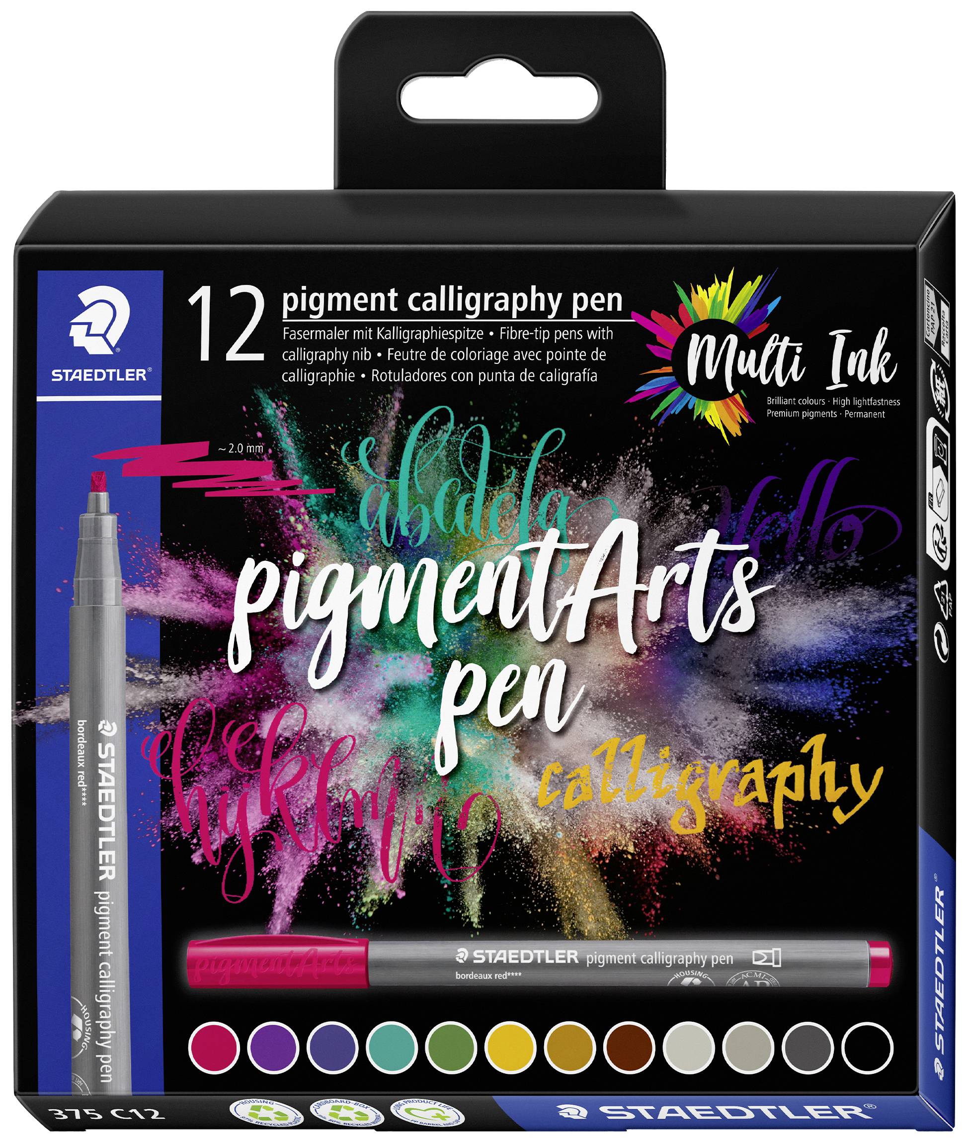 'Staedtler pigmentArts pen', 12 couleurs, ensemble de stylos de calligraphie avec lettrage en couleur sur fond noir, design de l'emballage.
