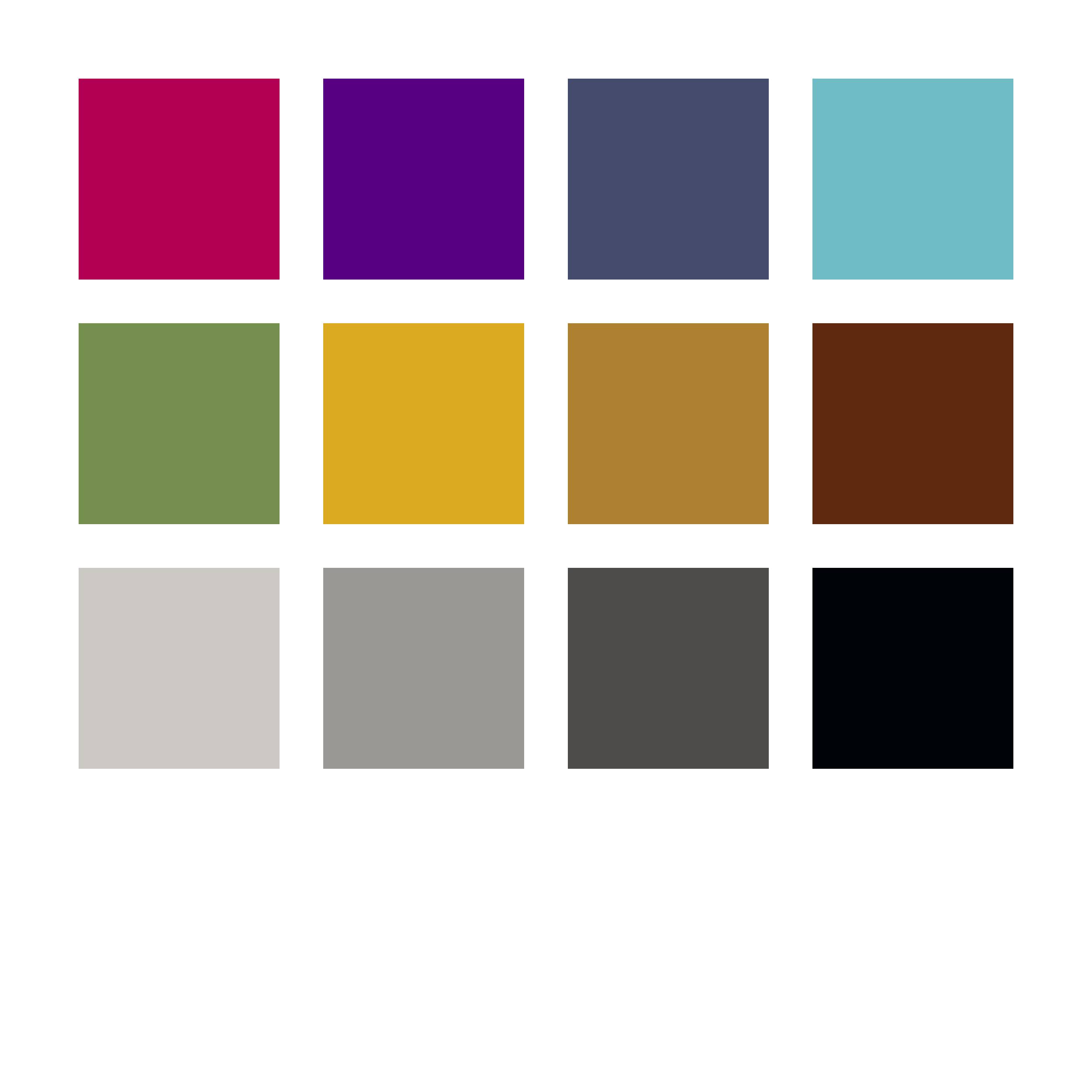 Douze carrés de couleur en trois rangées. Les couleurs comprennent le rouge, le violet, le bleu, le turquoise, le vert, le jaune, le marron, le beige, le gris, le noir.