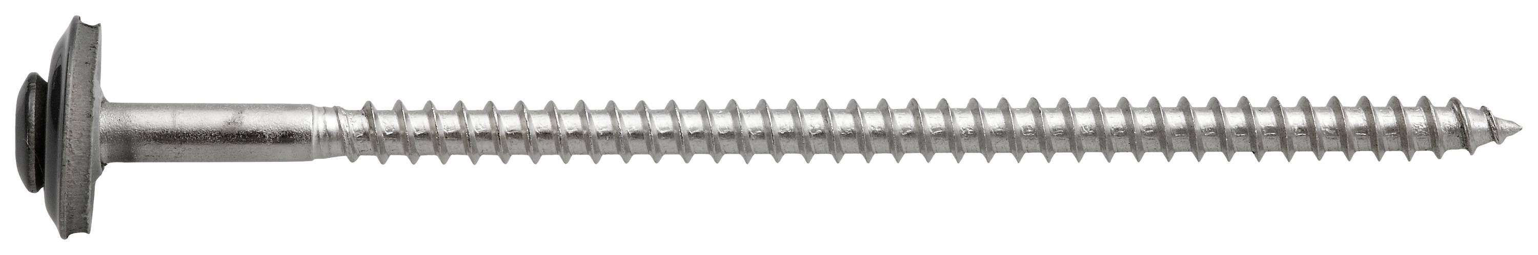 Une longue vis argentée aux filets réguliers et à la tête plate est présentée horizontalement.
