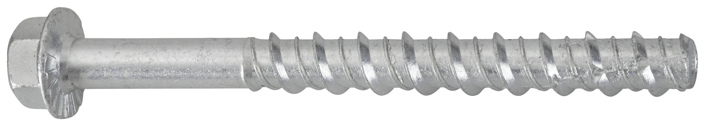 Un goujon d'ancrage en argent avec tête hexagonale et filetage spiral, adapté pour des fixations solides dans le béton ou la maçonnerie.