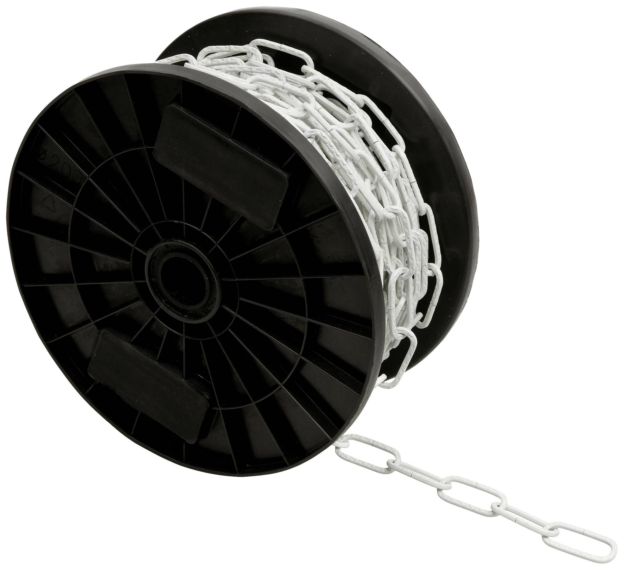 Une bobine noire avec une chaîne en plastique blanc, partiellement déroulée. La bobine est droite et montre la structure de la chaîne.