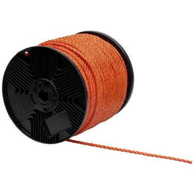 Une bobine noire, enroulée d'une corde orange, est légèrement inclinée, laissant une partie de la corde déroulée visible.