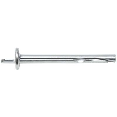 Un boulon métallique argenté avec une large base ronde à gauche et une pointe étroite à droite.
