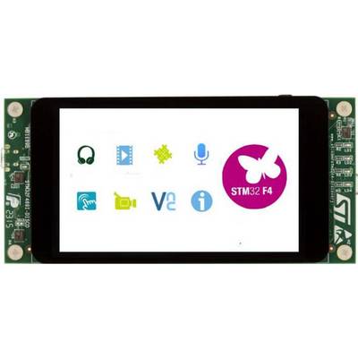 Circuit électronique avec écran, affichant des symboles pour Audio, Vidéo, Microphone et autres ; logo central 'STM32 F4' en rose.