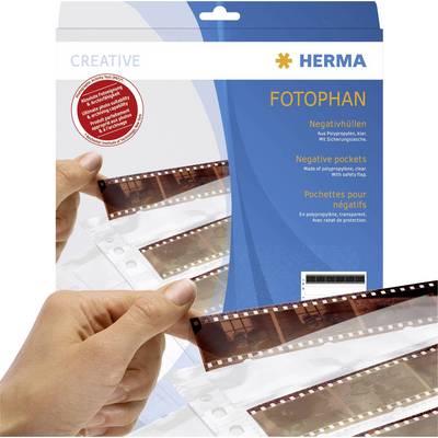 Emballage pour HERMA Fotophan, pochettes transparentes pour négatifs. Deux mains tiennent une bande de film. Texte de marque et informations dans plusieurs langues.