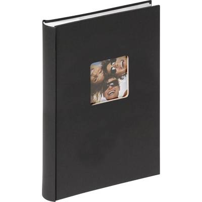 Album photo noir avec une fenêtre carrée sur la couverture, montrant une image de trois personnes souriantes portant des lunettes de soleil.