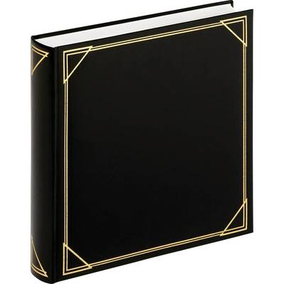 Album photo noir avec des ornements dorés sur les coins de la couverture. Contient des pages vierges pour des photos ou des collections.