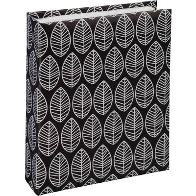 Classeur noir avec motif de feuilles blanches, debout ; design décoratif sans information textuelle.