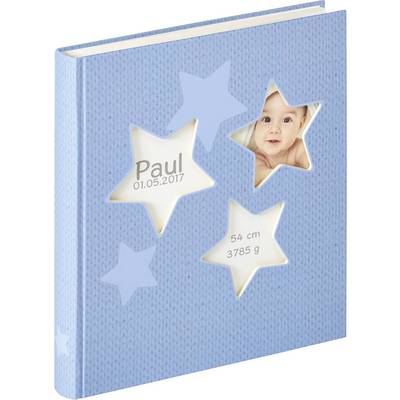 Album photo bleu avec découpes en forme d'étoiles. Contient une photo de bébé et les textes : « Paul, 01.05.2017 », « 54 cm », « 3785 g ».