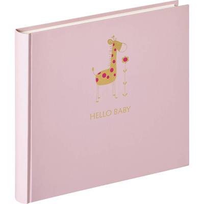 Album photo rose avec une illustration d'une girafe souriante à côté d'une fleur ; en dessous se trouve le texte 'HELLO BABY'.