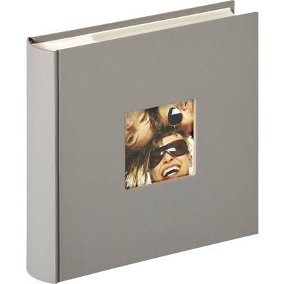 Album photo gris avec une fenêtre carrée sur la couverture, présentant une image de personnes riant et portant des lunettes de soleil.