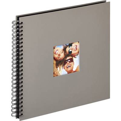 Album photo à spirale avec une couverture grise. Sur la couverture, une petite photo carrée montre trois personnes qui rient.