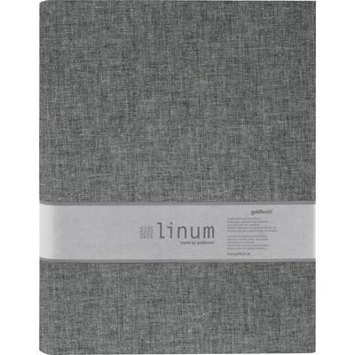Carnet gris à couverture en lin. Sur la bande, on peut lire « linum made by goldbuch » et l'adresse du site web « www.goldbuch.de ».