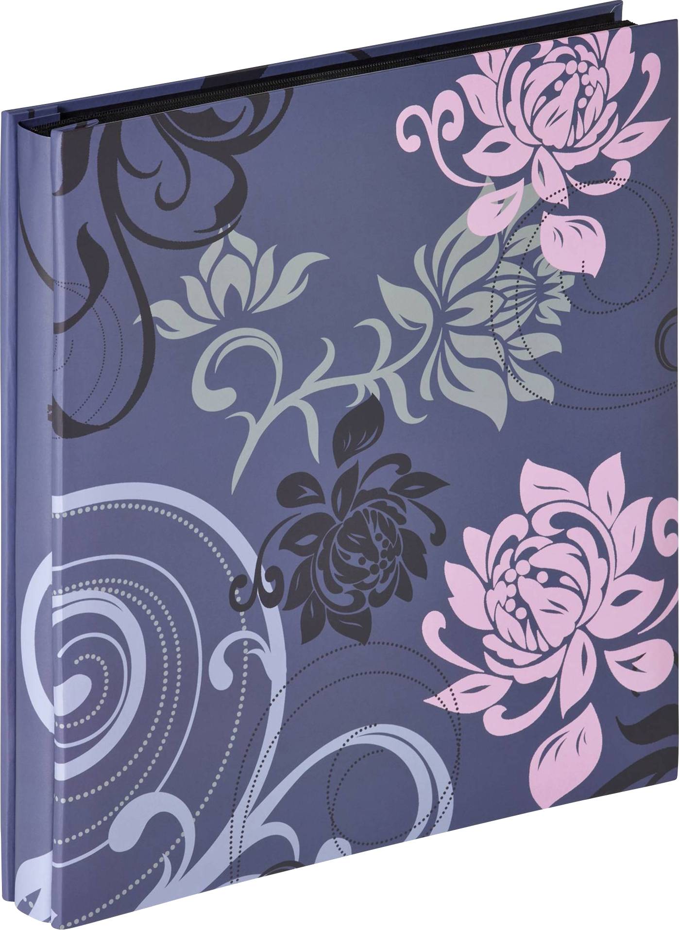 Album bleu avec des motifs floraux en rose, noir et gris. Orné de fleurs stylisées et de lignes ondulantes.