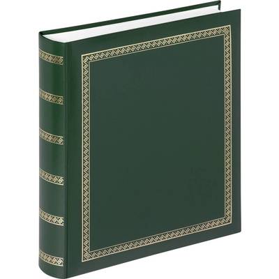 Un grand album photo fermé, avec une couverture vert foncé et des ornements dorés sur les bords et le dos.
