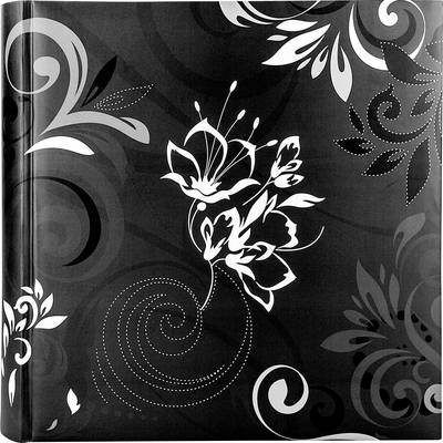 Couverture de carnet noir avec des motifs de fleurs et de tourbillons blancs et gris.