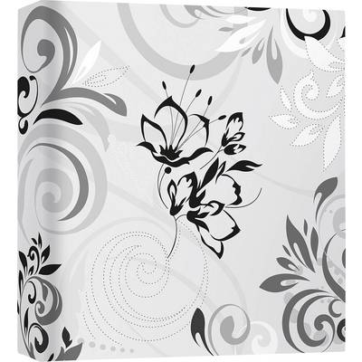 Motif floral avec des lignes ondulantes et des fleurs en noir et blanc sur un fond gris. Design décoratif sans contenu textuel.