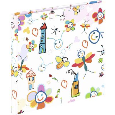 Couverture de livre colorée avec des dessins joyeux de fleurs, de papillons et de visages humains sur un fond blanc.