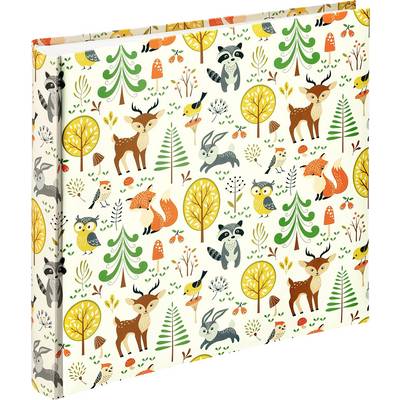 Un motif coloré avec des animaux de la forêt tels que des cerfs, des renards, des hiboux et des arbres sur un fond blanc.