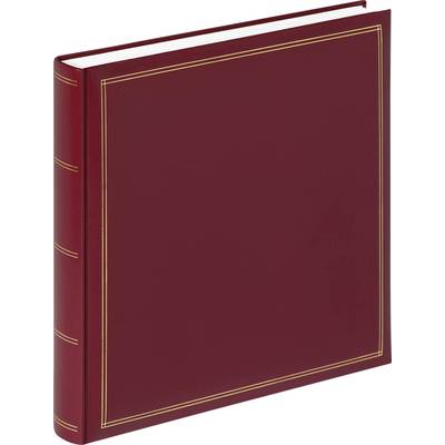 Un album de collection rouge avec des lignes dorées sur la couverture, debout.