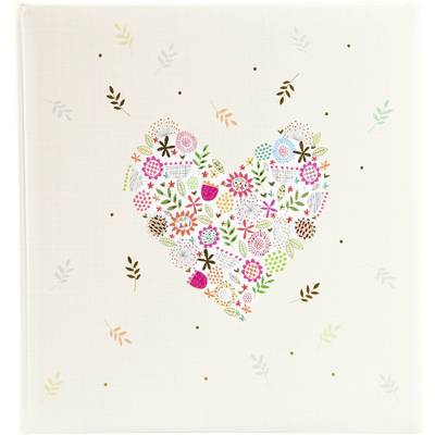 Un cœur composé de nombreuses fleurs colorées dans différentes couleurs et formes sur un fond beige avec des motifs de feuilles discrets.
