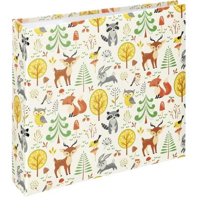 Illustration d'un dossier blanc décoré avec des animaux forestiers colorés et des arbres, comprenant des cerfs, des hiboux, des renards et des lapins, sur un fond décoratif.