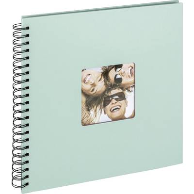 Un album à spirales turquoise avec une découpe carrée sur la couverture, montrant trois personnes riant aux éclats, portant des lunettes de soleil.