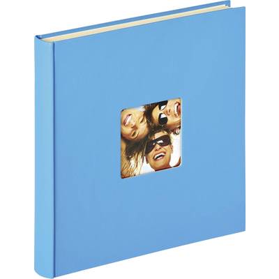 Album photo bleu avec une image de couverture représentant quatre personnes souriantes portant des lunettes de soleil.