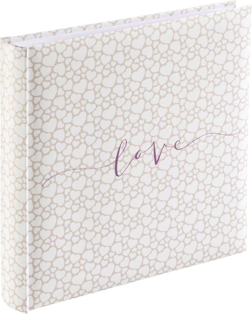 Un album photo avec un fond blanc et de nombreux petits motifs de cœurs beiges. Sur la couverture, le mot 'love' est écrit en violet.