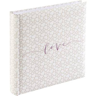 Un album photo avec un fond blanc et de nombreux petits motifs de cœurs beiges. Sur la couverture, le mot 'love' est écrit en violet.