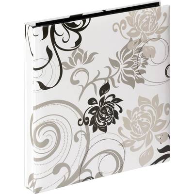 Un carnet décoratif avec des motifs floraux en noir, gris et beige sur un fond blanc. Design élégant.