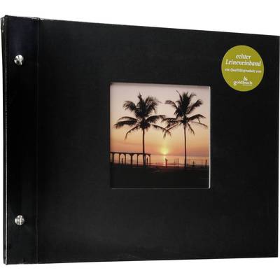 Album photo noir avec une fenêtre révélant une image de palmiers et de coucher de soleil. Il porte l'étiquette 'reliure en lin véritable'.