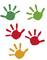 Cinq empreintes de main dans différentes couleurs (vert, vert clair, rouge, rouge foncé et orange) sur un fond blanc, disposées en deux rangées.