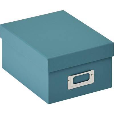 Une boîte de rangement bleue avec un couvercle et un porte-étiquette à l'avant. Elle convient parfaitement à l'organisation de documents.
