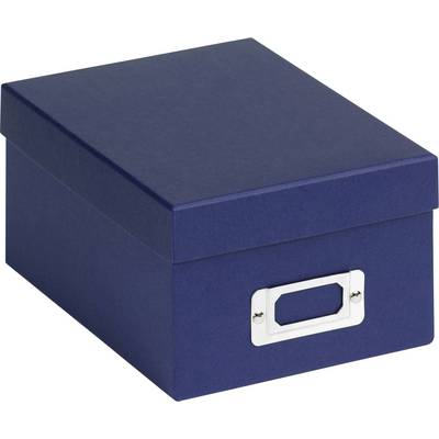 Boîte de rangement bleue avec couvercle et porte-étiquette argenté sur la face avant. Adaptée à l'organisation de bureau ou de la maison.