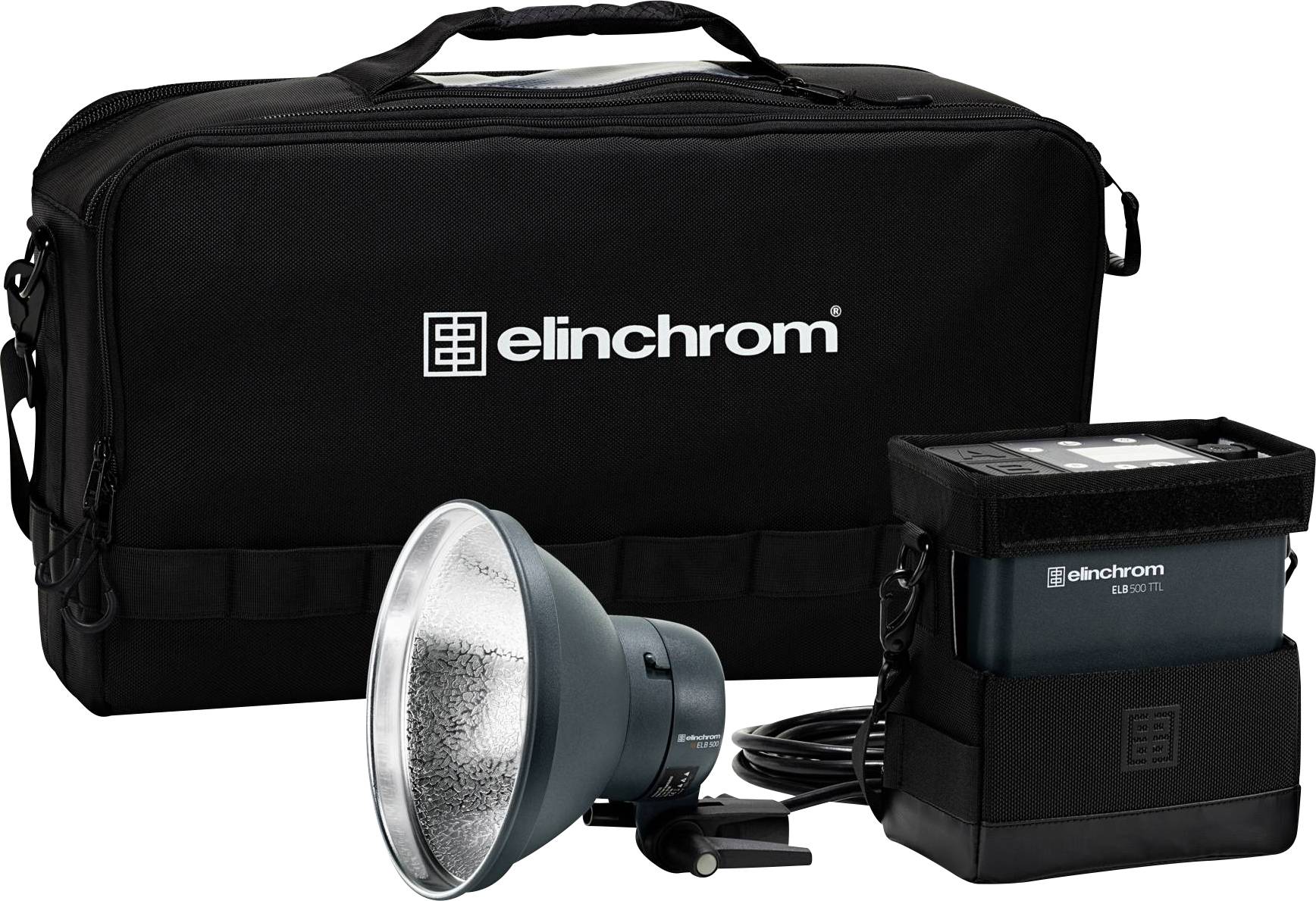 Ensemble de flash de studio Elinchrom avec sacoche de transport, tête de flash et générateur. Idéal pour la photographie en studio.