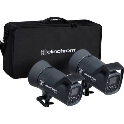 Deux flashs de studio Elinchrom ELB 400 devant un sac de transport noir avec le logo Elinchrom. Idéal pour la photographie professionnelle.