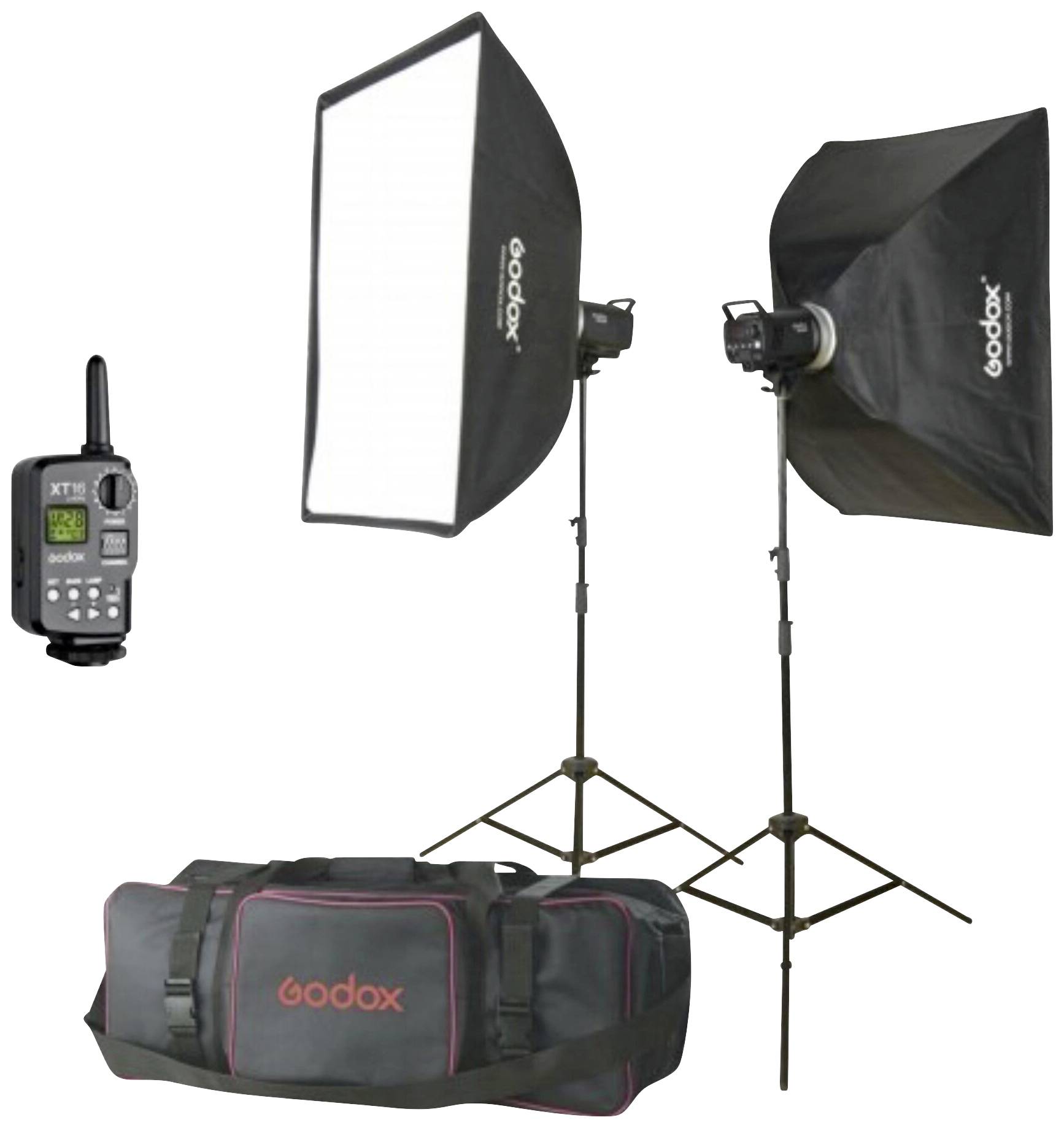 Deux projecteurs de studio photo avec boîtes à lumière, une télécommande et un sac de transport portant le logo 'Godox'.