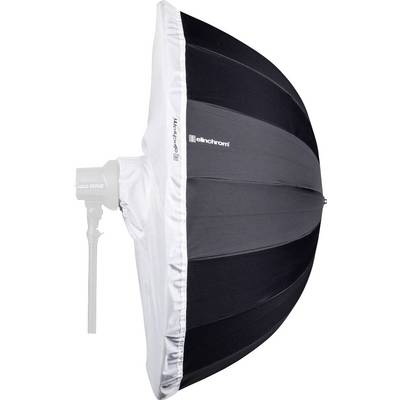 Un grand parapluie noir et blanc de studio photo monté sur un pied d'éclairage.